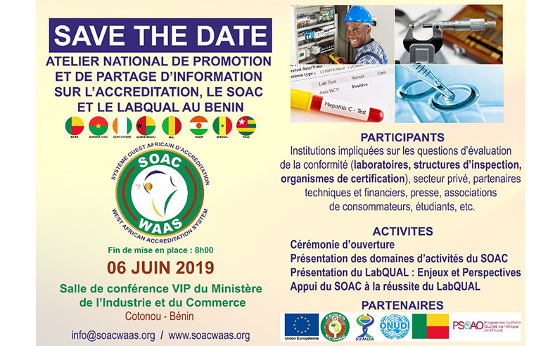 SOAC - SAVE THE DATE :  Atelier national de promotion et de partage d’information sur l’accréditation, le SOAC et le LABQUAL au BENIN