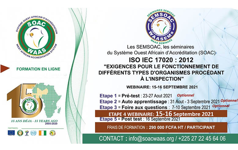SOAC - Webinaire du 15 au 16 septembre 2021 portant sur la norme ISO IEC 17020 : 2012 "Exigences pour le fonctionnement de différents types d'organismes procédant à l'inspection"