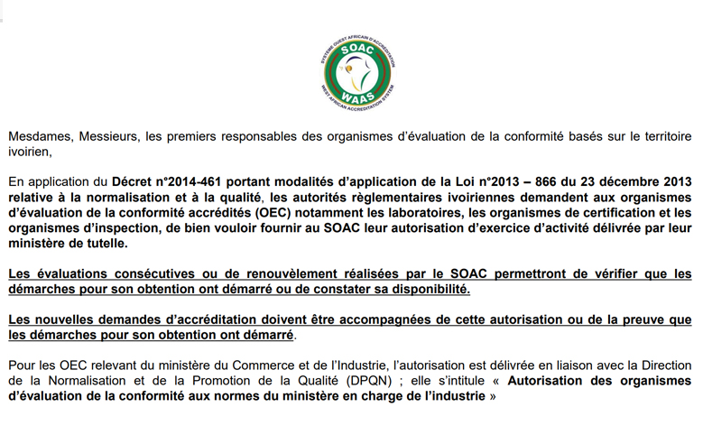 SOAC - Dispositions règlementaires relatives aux autorisations d'exercice d'activité _ Organismes d'évaluation de la conformité de Côte d'Ivoire