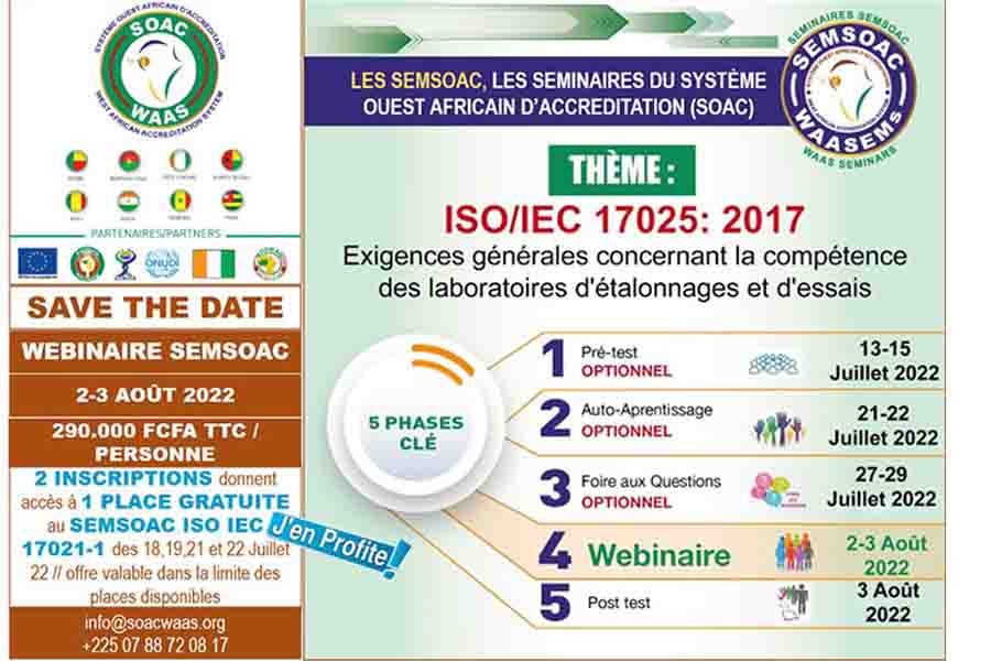 SOAC  : Webinaire du 02 au 03 Août 2022 portant sur la norme ISO IEC 17025 : 2017 